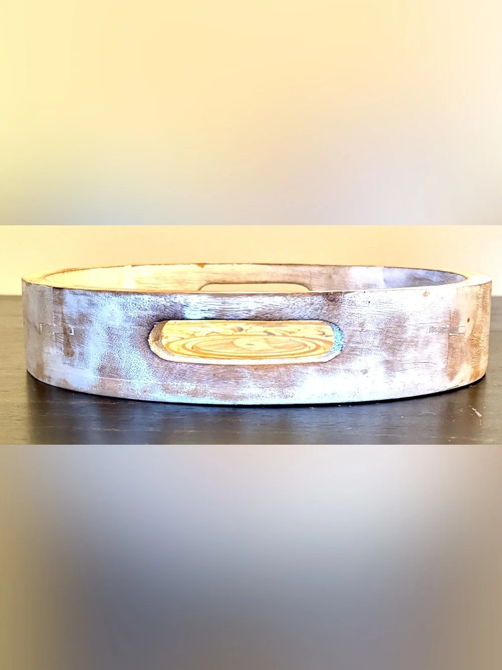 Vintage Hand-Carved Wood Floral Mandala Tray – Whitewash Centerpiece 11.5”